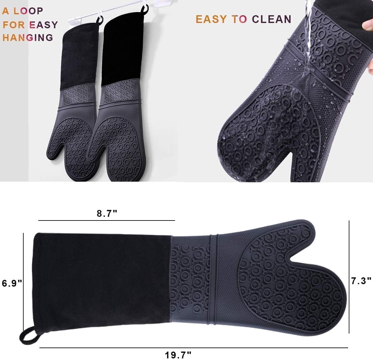 Extra Long Professional Silicone Oven Mitts with Quilted Liner, Durable Heat Resistant Oven Gloves, Heat Resistant Oven Gloves,2pcs