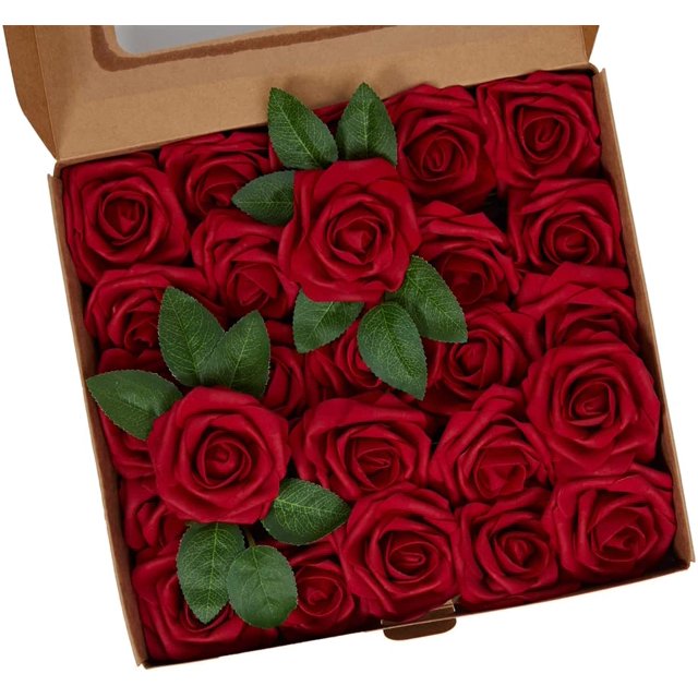 Paquete de 25 rosas artificiales realistas con tallo para ramos de boda, centros de mesa, fiesta nupcial, decoración del hogar (rojo vino, 25 unidades) JM JM