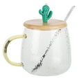 thumbnail image 1 of Bonita taza de vidrio de borosilicato de 400 ml, resistente al calor, con cuchara de acero inoxidable y tapa de bambú (cactus)., 1 of 14