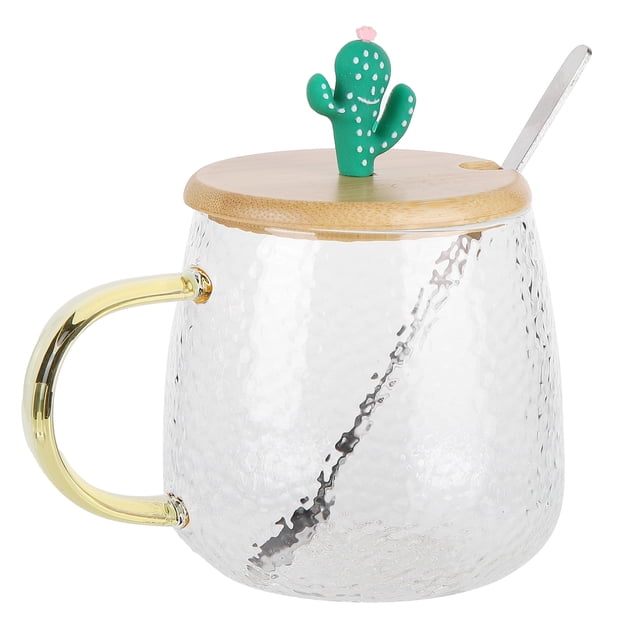 Bonita taza de vidrio de borosilicato de 400 ml, resistente al calor, con cuchara de acero inoxidable y tapa de bambú (cactus).
