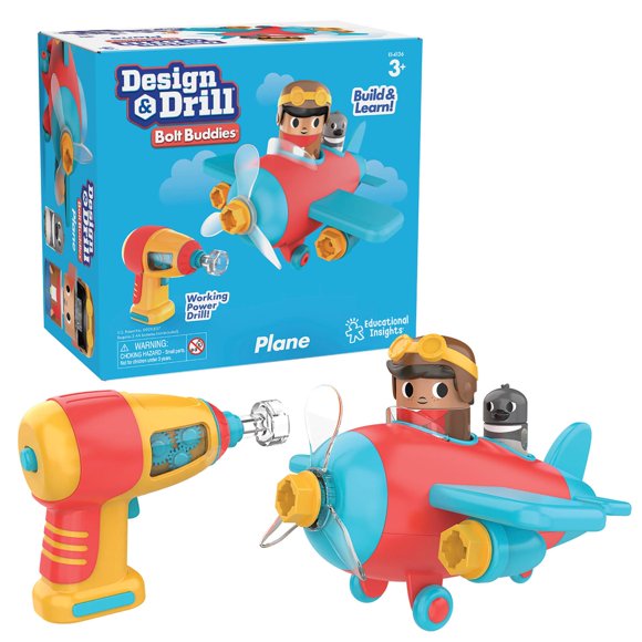 Educational Insights Design & Perceuse Bolt Buddies Avion - Jouets de Construction & Outils pour Tout-Petits, Ensemble d'Outils pour Enfants avec Véritable Perceuse Électrique, Ensemble de Tige à Démonter, Kits de Construction et Cadeaux