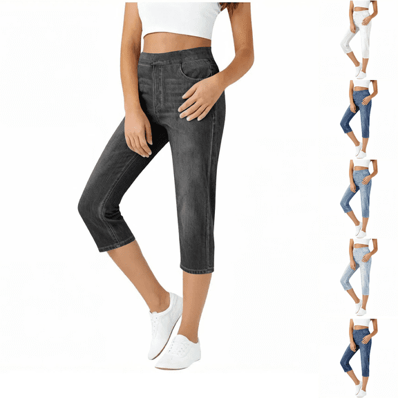 Capris for Women Fashion Solid Color Elastic Waist Pockets False Jeans Stretchy Women's Comfy Pull-On Denim s Pants for Casual Daily Wear