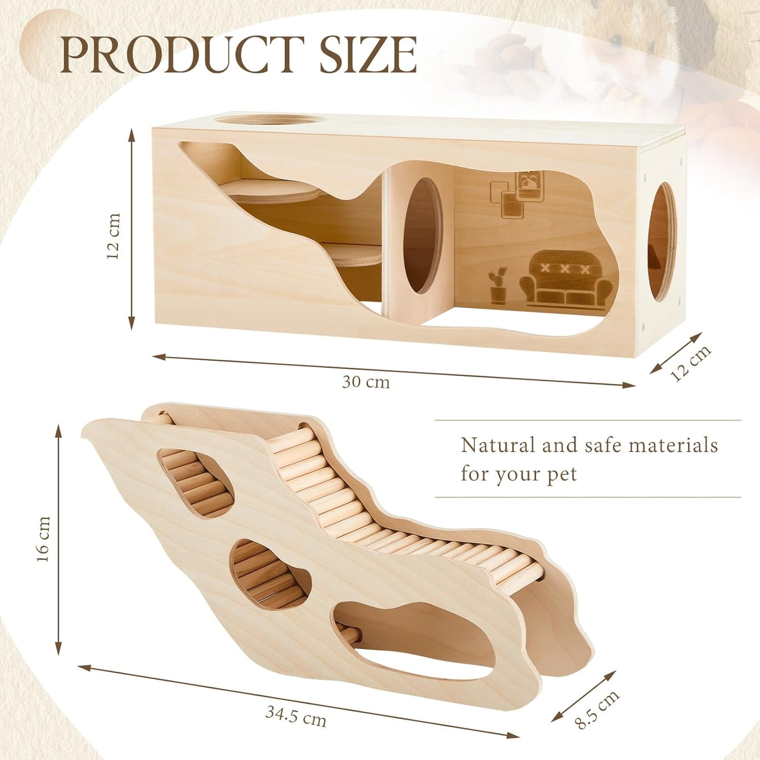 2 Pcs Hamster Hideout Set House and Tunnel, Exploring Tunnel with Climbing Ladder, Secret Observe Shed for Syrian Hamsters, Gerbils, Hedgehogs, Rats, Mice, Small Animals Pets Toys