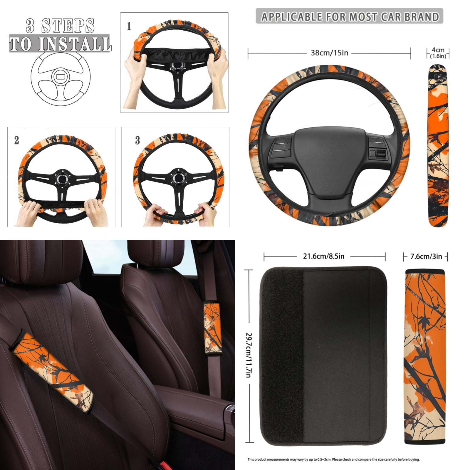 Yuyamidu Camo Hunting Car Seat Covers Full Set 12 PCS Orange Wood Steering Wheel Cover Seat Belt Strap Pads Cup Coasters Keychain Auto Decor