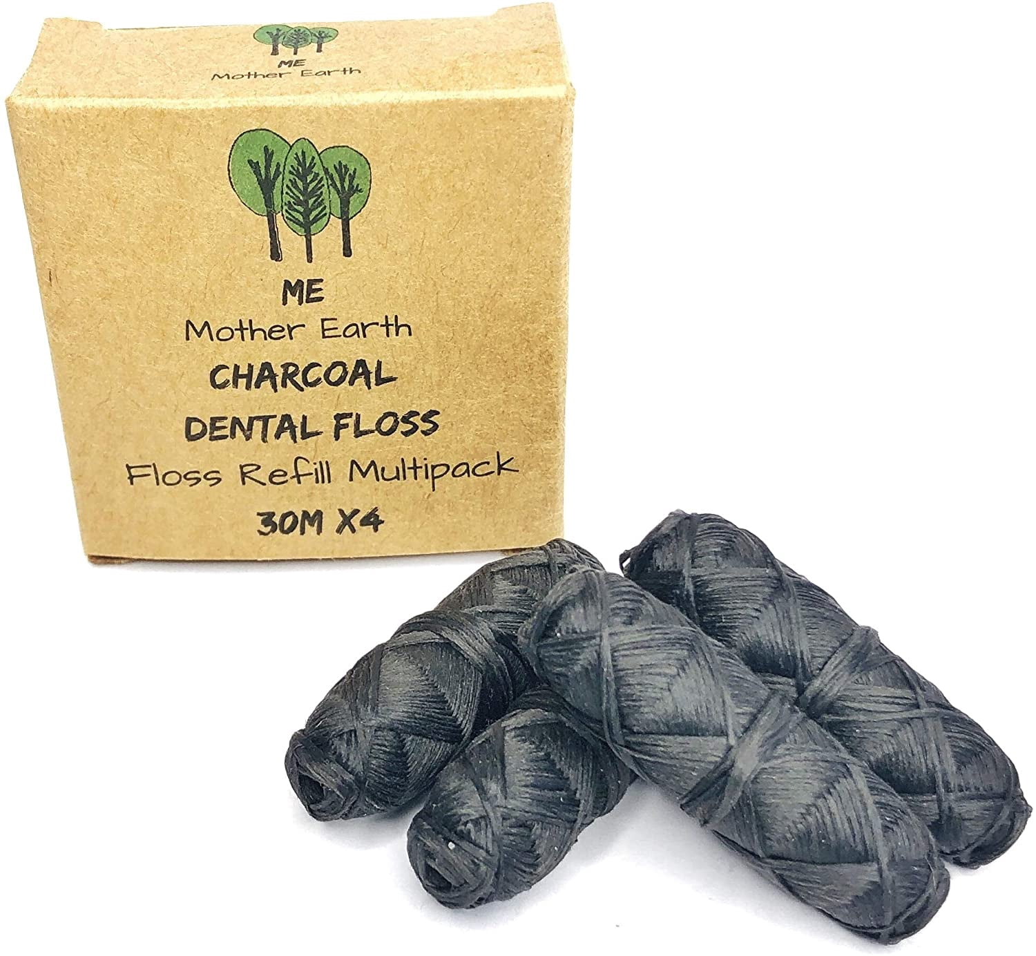 Vegan Biodegradable Bamboo Charcoal Dental Floss Refill | Natural Candelilla Wax 30M x4 Peppermint Essential Oil Eco Friendly Zero Waste Oral Care 4 Pack