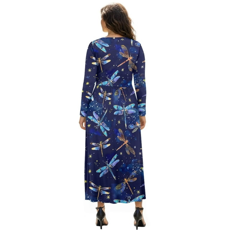 Fkelyi Womens Fall Maxi Dress V-Neck Long Sleeve Casual Dress with Pocket Blue Dragonfly Starry Print A-Line Flowy Tiered Dresses for Spring Winter,
