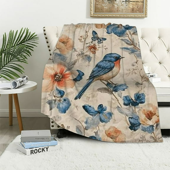 BCIG Bluebird Flannel Blanket - Beautiful Bluebird, Flower & Butterfly Blanket, a playful gift for adults and nature lovers, super soft and warm, lightweight, suitable for sofa bedroom living room dec