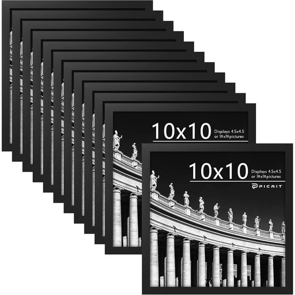 Picrit 10x10 Picture Frame Set of 12, Display 5x5 with Mat or 10x10 without Mat, Photo Frames for Wall Mounting Display, Black