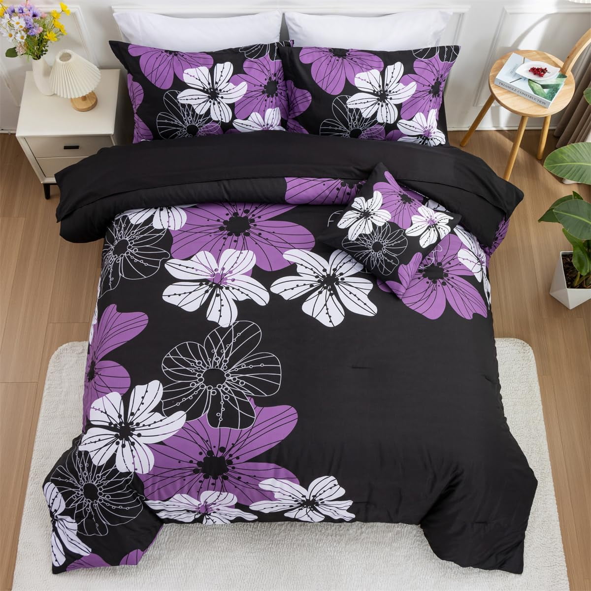 NTBED Floral Comforter Set Queen 6 PCS Bed in a Bag Purple Flowers Printed on Black Botanical Bedding Sets Boho