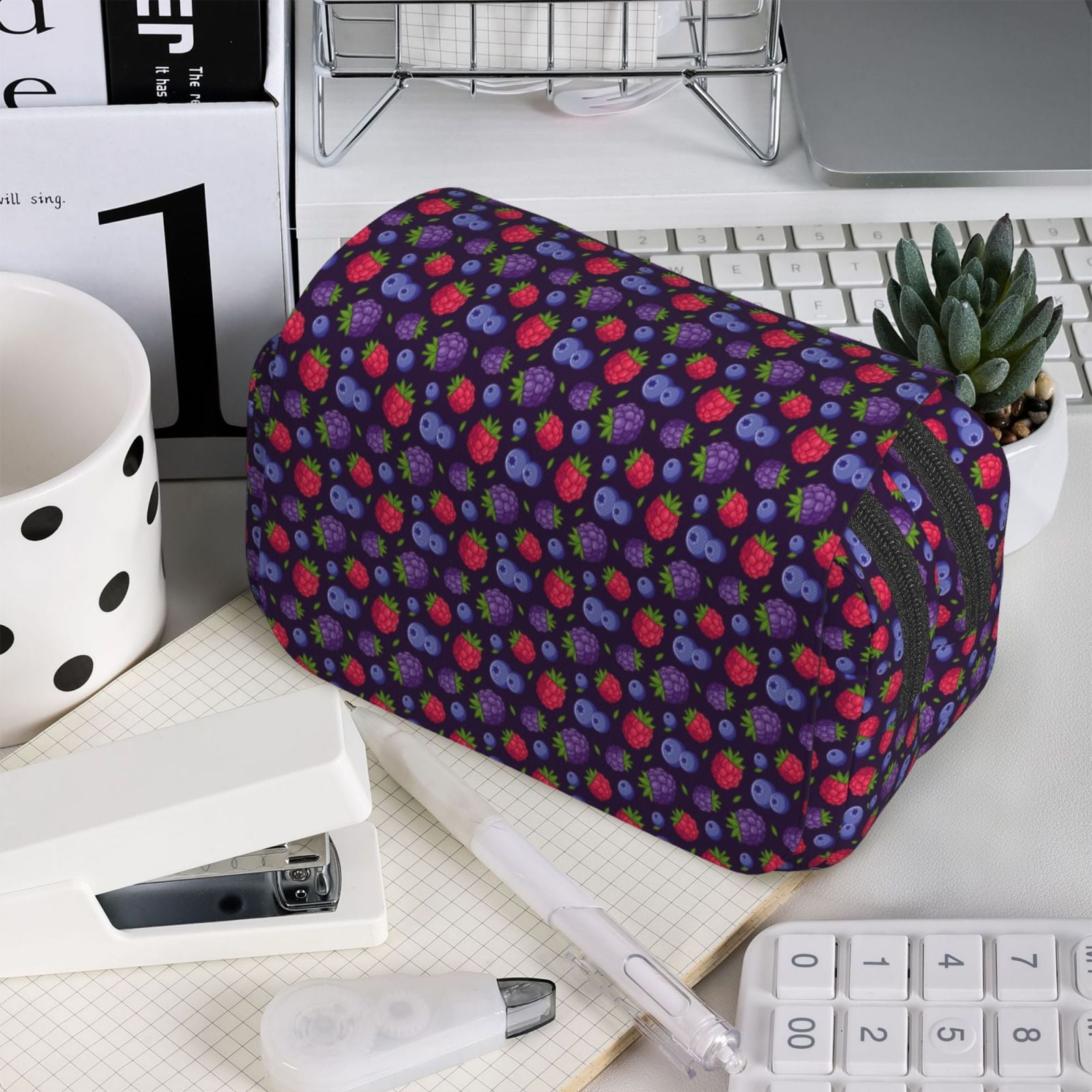 Rateoe Blackberries Pattern Double Clamshell Pen Case, Storage Organizer with Two Zipper Compartments– Holds Up to 50 Pencils & Pens