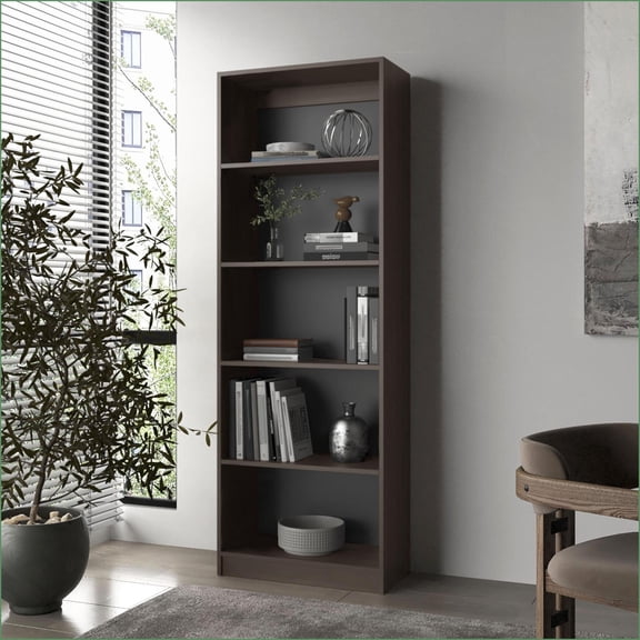 Bookcase with 5 Open Shelves, 71"H x 25"W x 12"D, Scratch-Resistant Walnut Brown | Modern | Particle Board