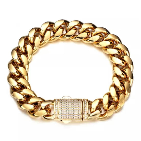 EOEMY 6mm-14mm Mens Miami Cuban Link Chain Bracelet Solid Gold Plated Stainless Steel-14mm-7 Inches Bracelet