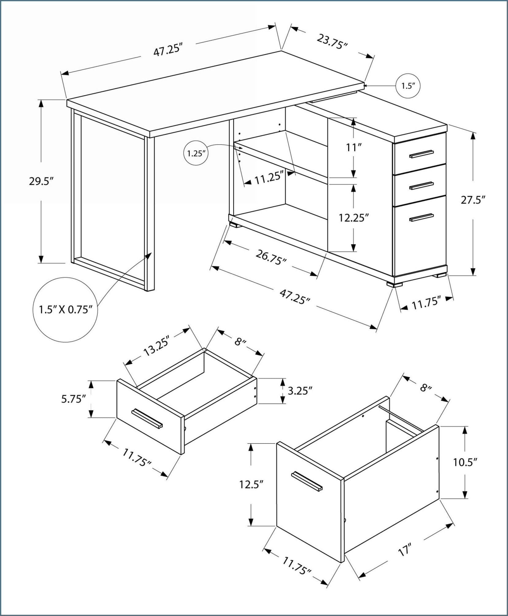 Desks, L-Shaped Corner Home Office Desk - Left/Right Setup, Storage Drawers, Modern White Laminate Grey Metal | White | Particle Board