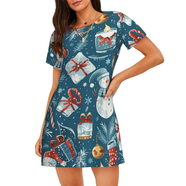 Balery Christmas Snowman Gift Camisón de manga corta con cuello redondo para mujer, cómodo y elegante.