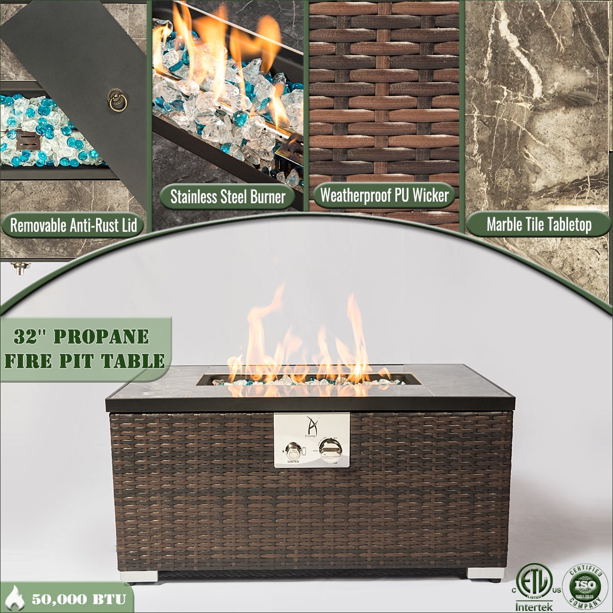 AJ Enjoy 32'' Propane Fire Pit Table, Marble Textured Ceramic Tabletop, 50,000 BTU Fire Table with Brown Wicker, Mix Color Glass Rocks, Including Lid&Cover