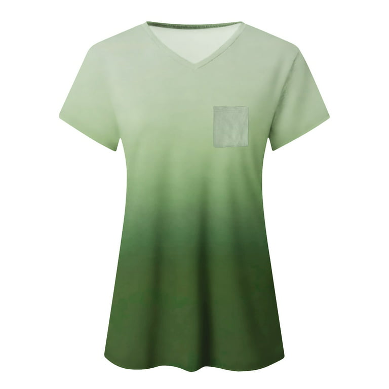 XFLWAM Womens Summer Tie Dye Gradient Short Sleeve T Shirts Ombre V Neck  Tops Loose Fit Green L 