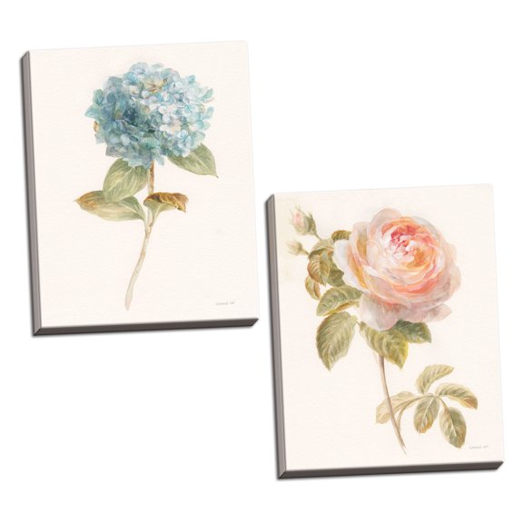 Gango Home Decor Shabby-Chic Garden Hydrangea & Rose by Danhui Nai (Ready to Hang); Two 16x20in Hand-Stretched Canvases