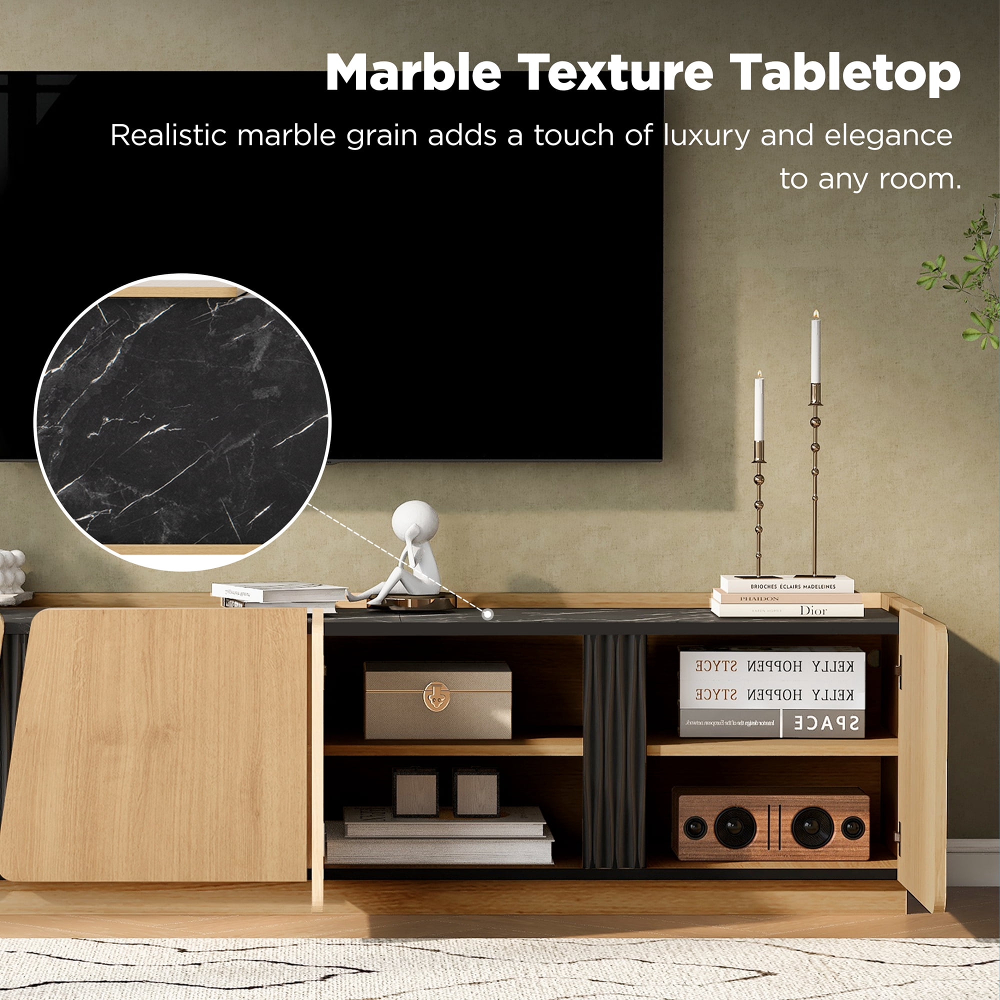 Modern Storage Cabinet with Rounded Corners and Marble Contrast Top, 75-Inch TV Stand with Adjustable Shelves for Living Room, Oak