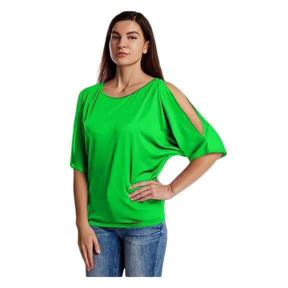 Women's Cold Shoulder Batwing Sleeve Blouse - Loose-Fit Casual Top(Green)