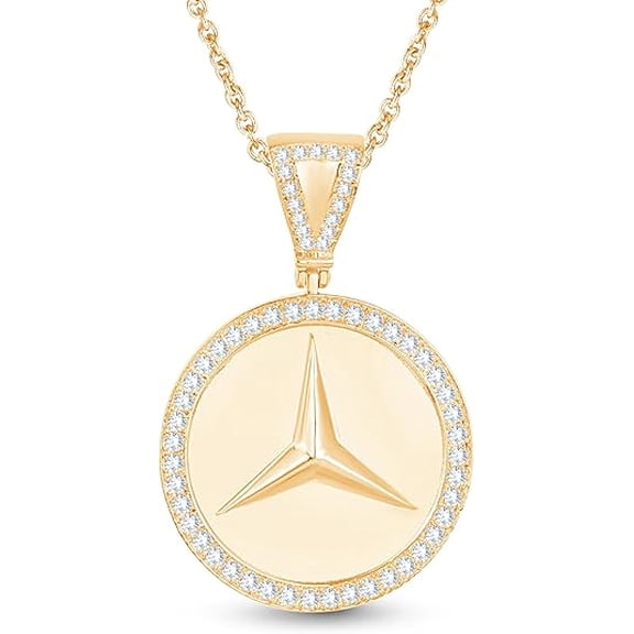 1.00 Ct Round Cut Real Moissanite Mercedes Medallion Pendant 14K Yellow Gold Plated 925 Silver Certified
