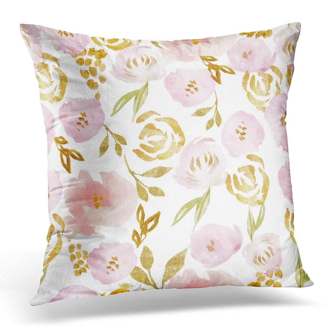 ARHOME Pink Gold Watercolor Rose and Glitter Flower White Floral Pillow