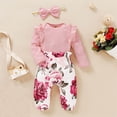thumbnail image 7 of Coming Home Outfit Girl Newborn Fall 3 Piece Knit Pants Set Ruffle Hem Ribbed Romper Floral Trousers with Headband, Pink, 12 Months, 7 of 7