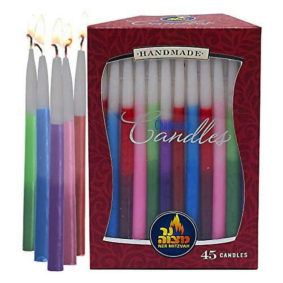 Ner Mitzvah, Multicolor Tricolor Dripless Hanukkah Menorah Candles - Standard Size (45 Pack)