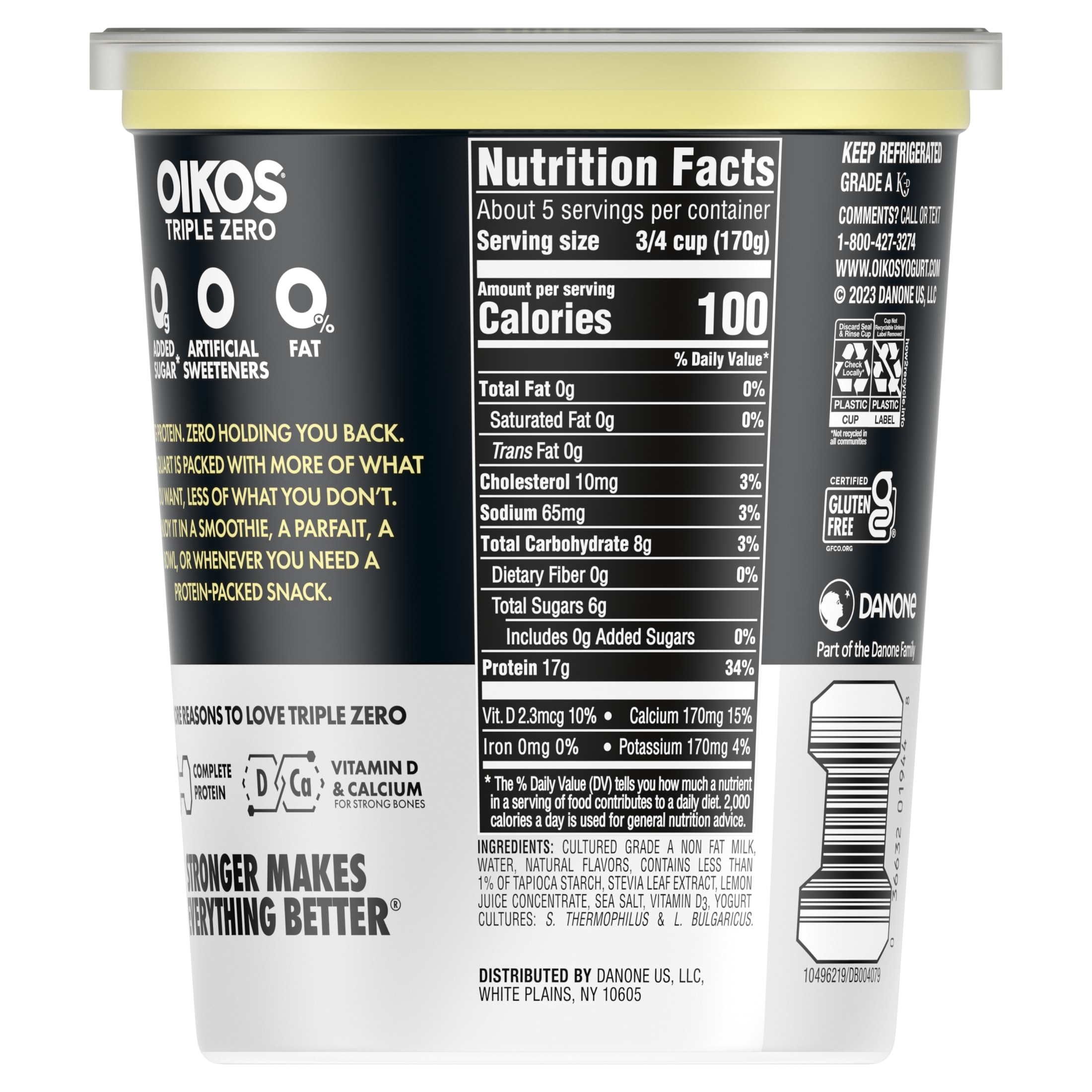 Oikos Triple Zero 17g Protein, 0g Added Sugar, Fat Free Vanilla Greek Yogurt Tub, 32 oz - image 3 of 11