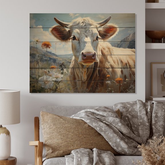 Designart "Pastoral Beauty Cow " Animals Print on Natural Pine Wood