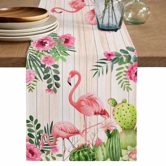 Pink Flamingos Table Runner 48 Inches, Summer Tropical Flowers Cactus Wooden Bed Runner Dresser Scarves Tabletop for Indoor Outdoor Parties/Ceremony/Banquet, 13" x 48"