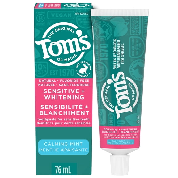 Tom's of Maine Sensitive Whitening Toothpaste, Fluoride Free, Calm Mint, 76 ml