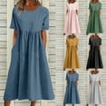thumbnail image 4 of Lindbes 2024 Été Nouveau P-2TG Vintage Coton Lin Robe Femme Décontractée Ample Col Rond Manches Courtes Mode Maxi Robes Vestidos Mujer, 4 of 7