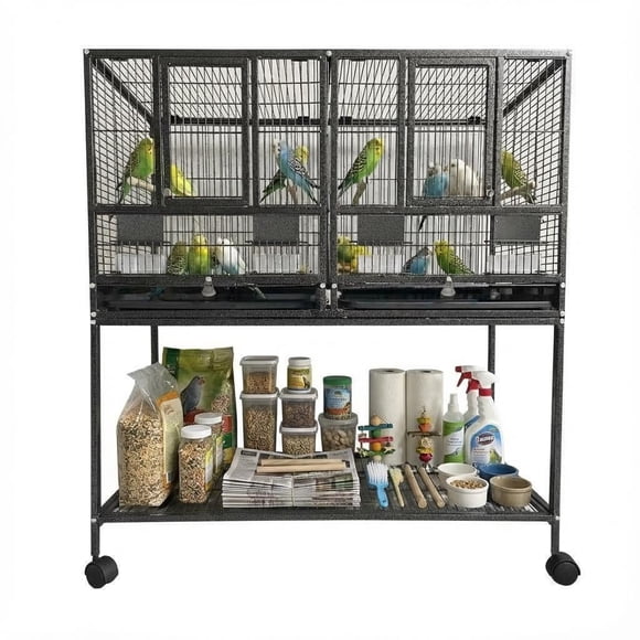 Bird Cage - Spacious 109x95x45.5cm Wrought Iron Flight Cage - Black Rolling Stand with Wooden Perches & Feeder - For Parrots/Cockatiels/Finches