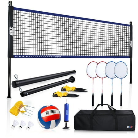 GSE Games & Sports Expert Recreational Portable Badminton Volleyball Net Combo Set. Including Volleyball/Badminton Net,PU Volleyball,Badminton Racket and Carry Bag for Park,Backyard,Lawn