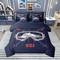 Manfei Ski Print Twin Bedding Sets 7pcs, Navy Blue Bedding Comforter Set, Sports Theme Sheet Sets, Microfiber Bedroom Decor