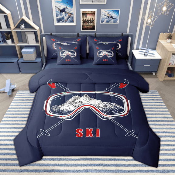 Manfei Ski Print Twin Bedding Sets 7pcs, Navy Blue Bedding Comforter Set, Sports Theme Sheet Sets, Microfiber Bedroom Decor