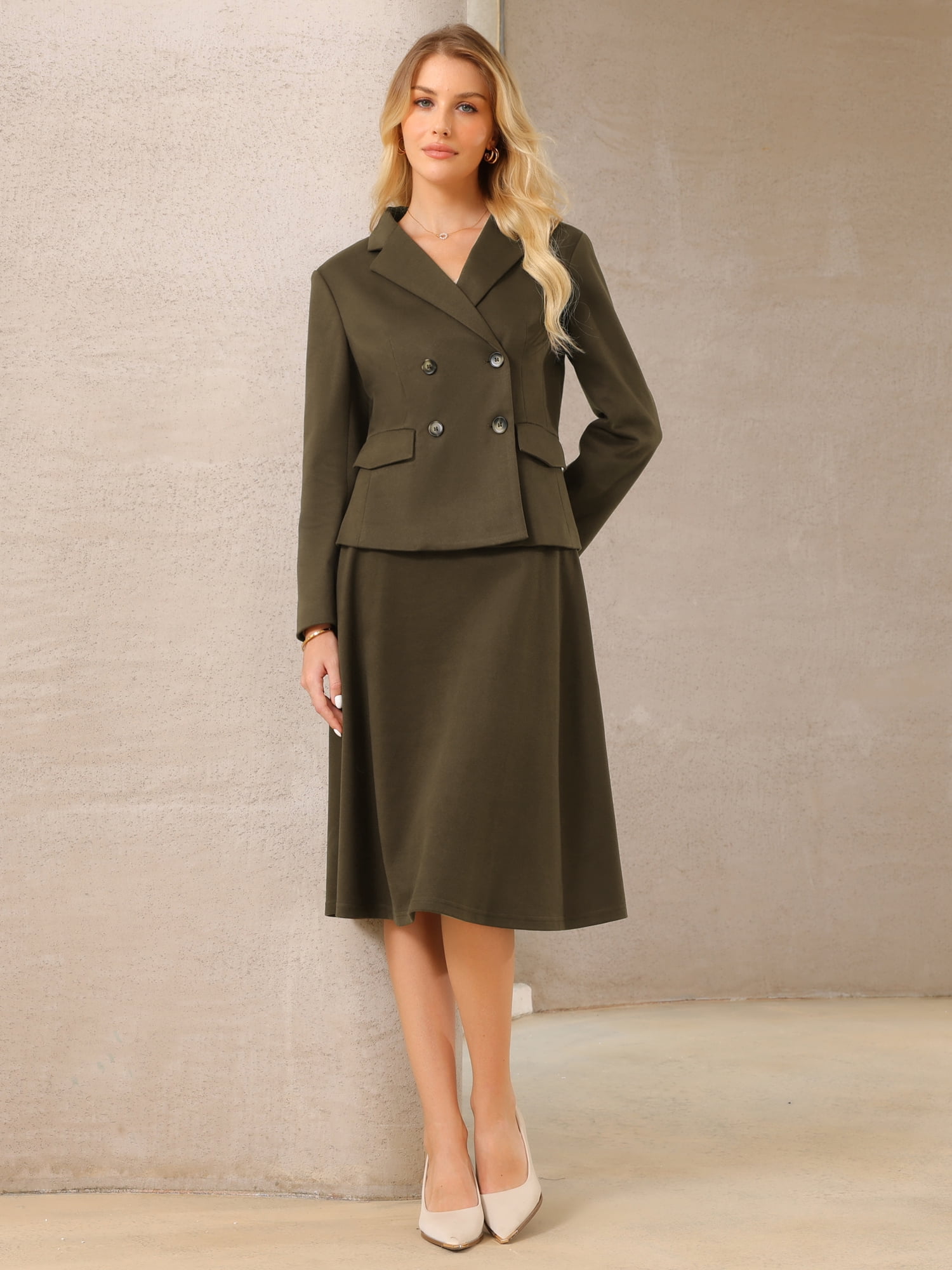 DARING DIVA Women's 2Pcs Double Breasted Blazers and A-Line Skirts Set XL Dark Brown