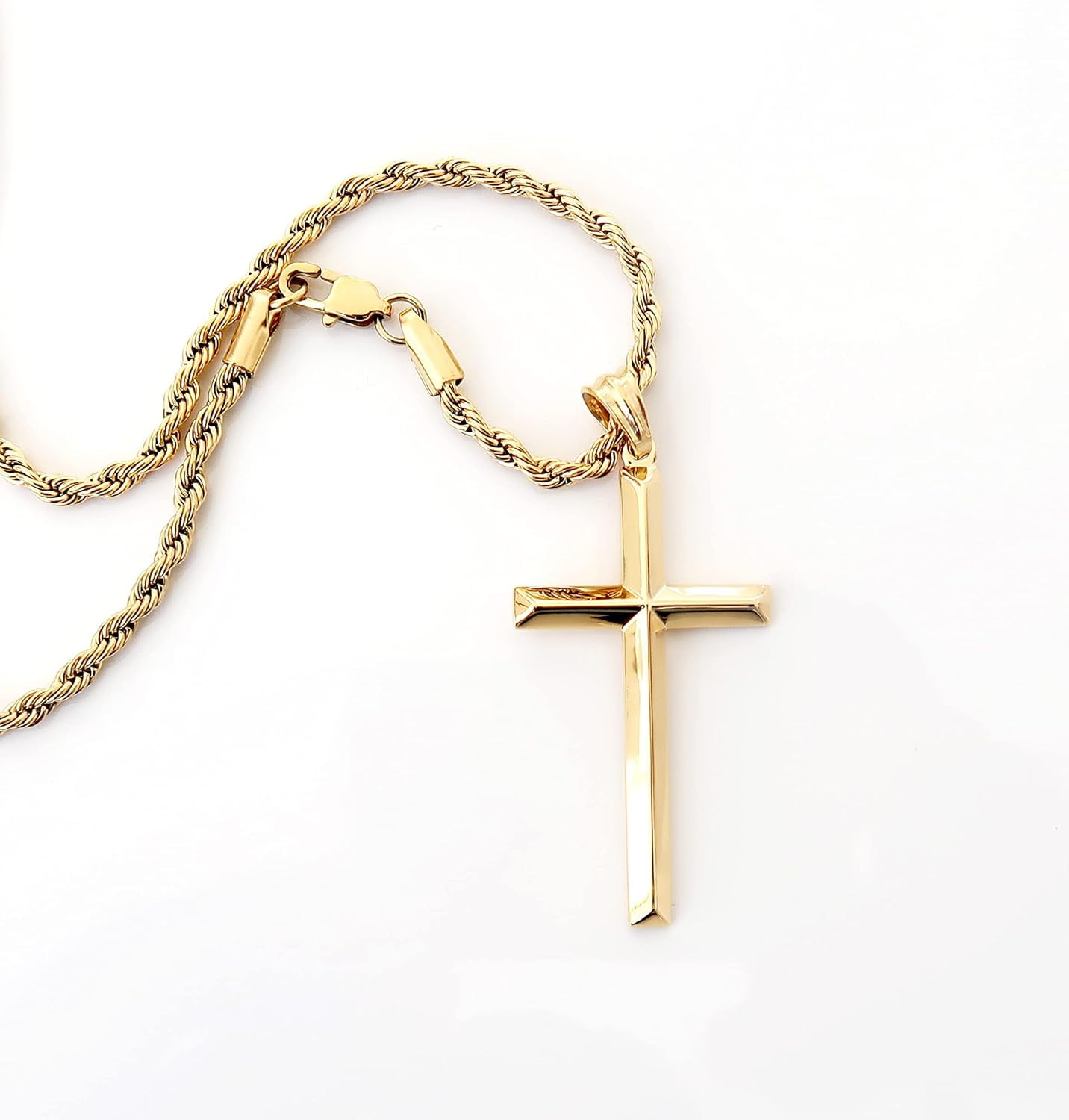18K Beveled Edge Gold Cross Pendant Necklace for Men, Gold plated Necklace for Women. 3MM Rope Chain Fashion Jewelry Pendant