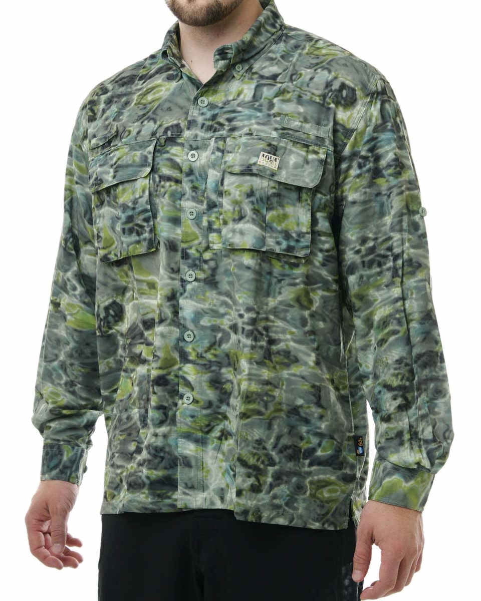 Aqua Design Mens Long Sleeve Voyager Vented Camo Fishing Shirt Green Bayou size M