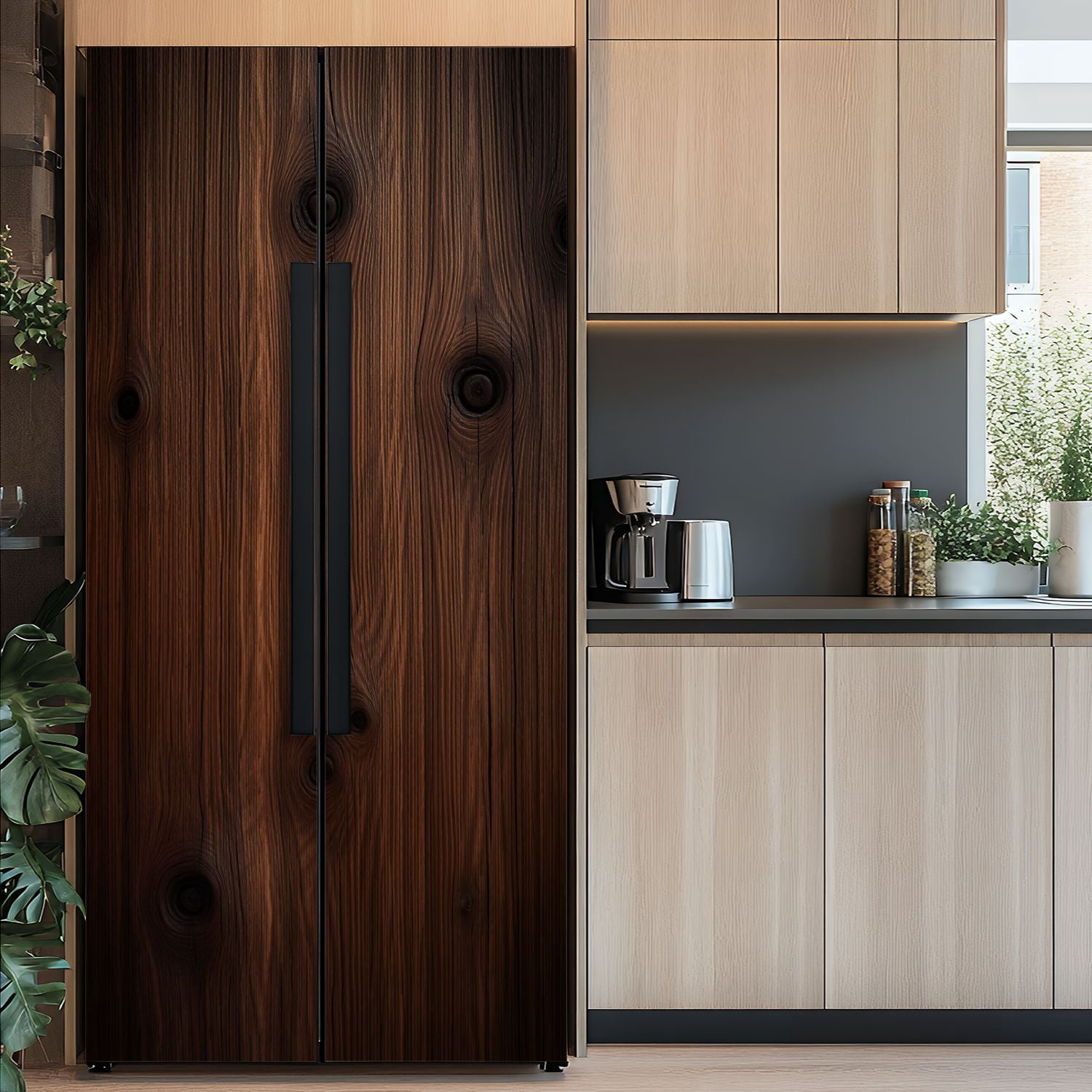 Self Adhesive Vinyl Refrigerator Wrap Set Dark Brown Wood Plank Vintage Knots Rustic Natural Door Mural Removable Fridge Sticker Peel and Stick&nbsp;Full Door Cover Decal Kitchen Bar Decor
