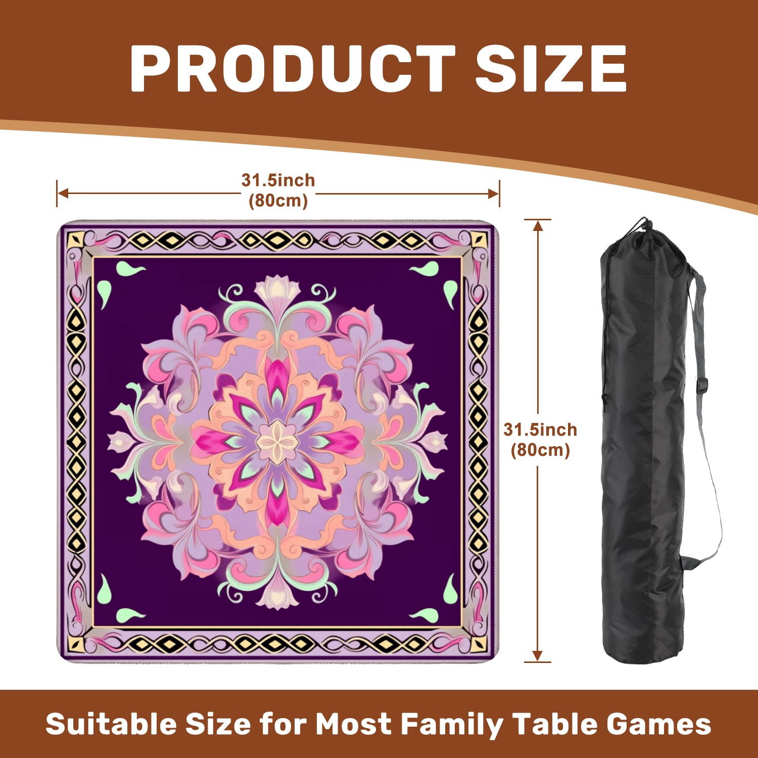 Mahjong Mat 31.5" x 31.5" Floral Mandala Pink Purple Pastel Accents Dark Non-Slip Noise Reduction American Mahjong Tiles Table Cover for Dominoes Poker Card Board Games Gift