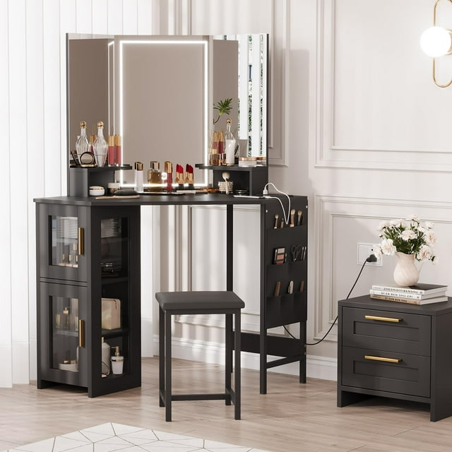 QinaQin Corner Dressing Table for Bedroom, Featuring An Led Mirror, a Tri-Fold Mirror, a Power Outlet, a USB Port, and a Stool