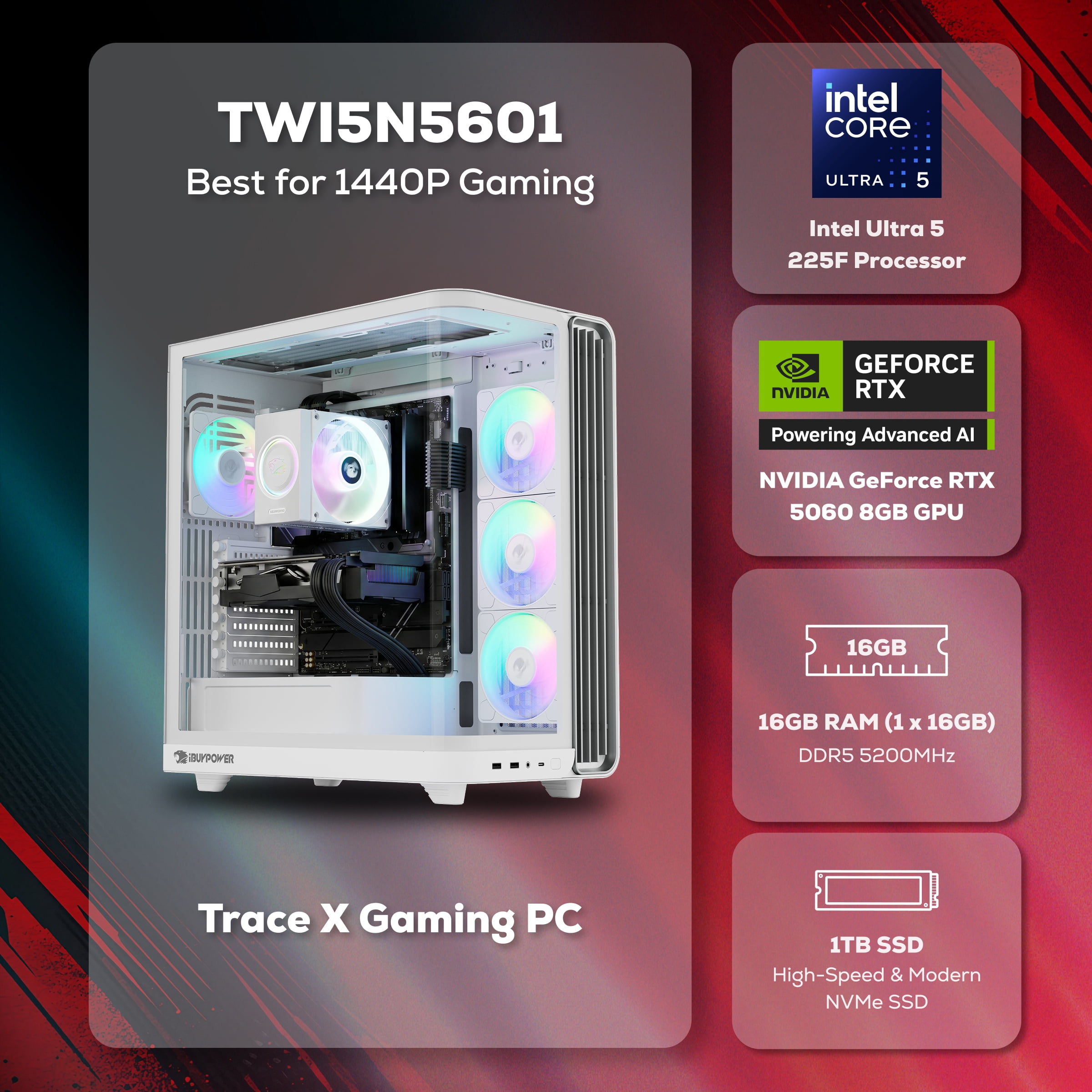 iBUYPOWER Trace Gaming PC Desktop Computer Intel Core Ultra 5 225F CPU, NVIDIA GeForce RTX 5060 8GB GPU, 16GB DDR5 5200MHz RAM, 1TB NVMe SSD, Windows 11 Home, Gamer Keyboard and Mouse - TWI5N5601
