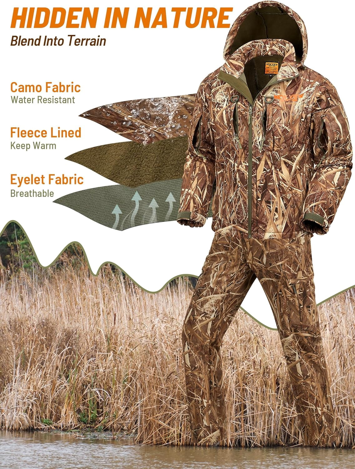 NEW VIEW Camo Hunting Clothes for Men, Quiet Warm Fleece Lining, Cold Weather Duck Hunting Jacket and Pants with Face Mask (Reeds Camo XL)