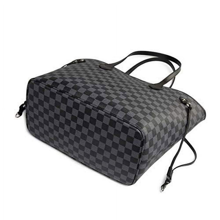 Daisy Rose Checkered Tote Shoulder Bag with Inner Pouch - PU Vegan Black