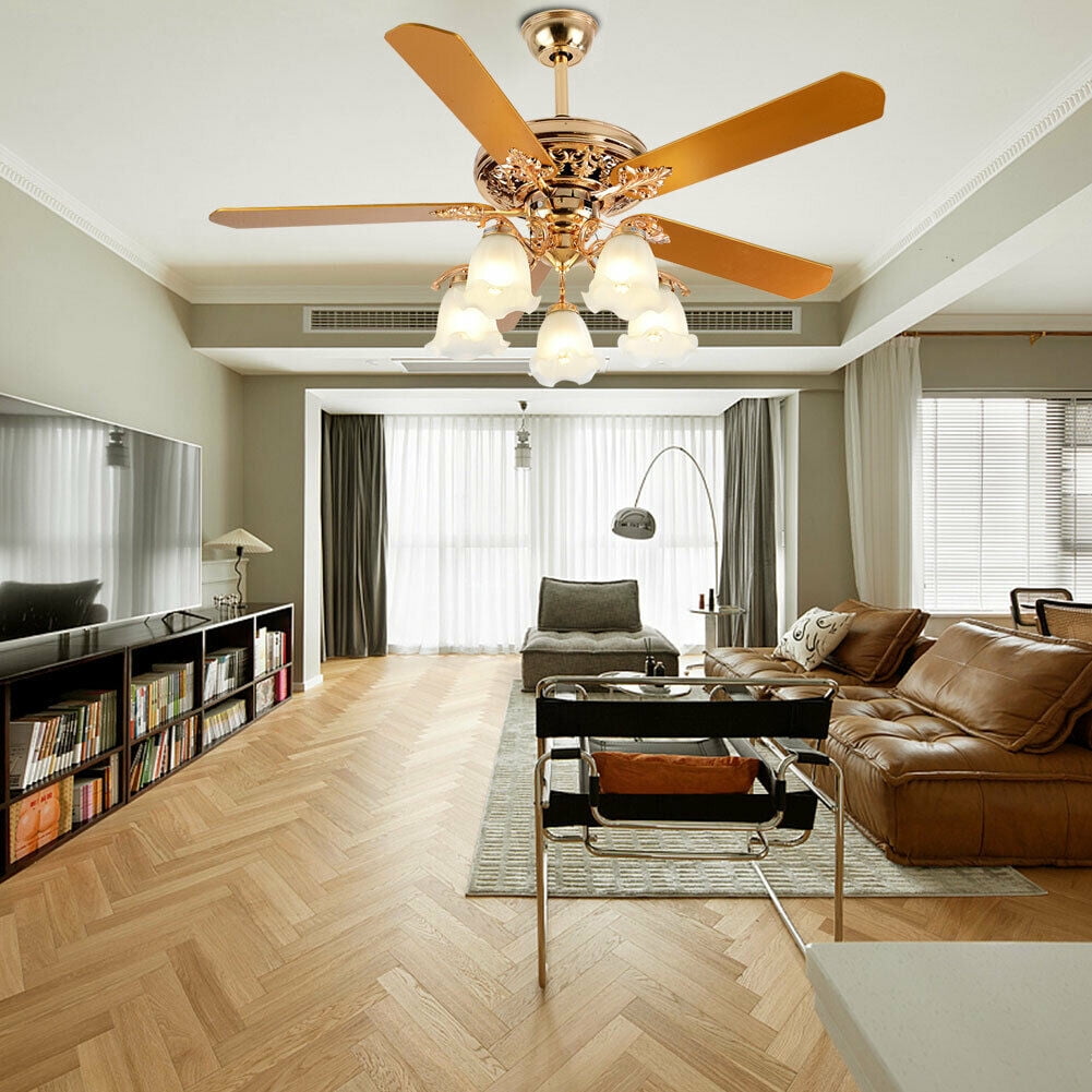 ANQIDI 52" Modern Ceiling Fan Light Gold LED Fan Lamp Chandelier with Remote 5 Wood Reversible Blades 5 Frosted Glass Lampshades
