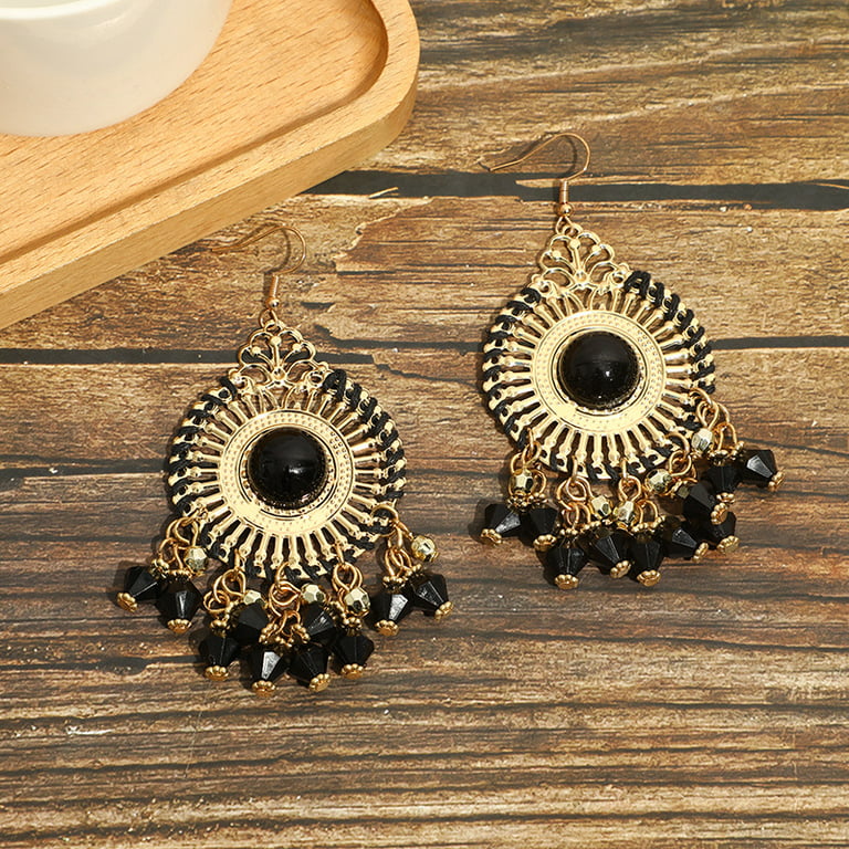 Feildoo Ethnic Earrings With Bead Decoration Bohemian Style Handmade  Colorful Vintage Metal Earrings Gift For Girls New,Round Short Black