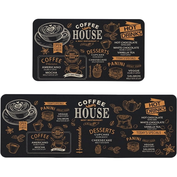 Farmhouse Coffee Kitchen Rugs Set of 2 Non Slip Vintage Coffee Kitchen Mats Home Decor Low-Profile Washable Floor Mat 17x47 Inch and 17x29 Inch