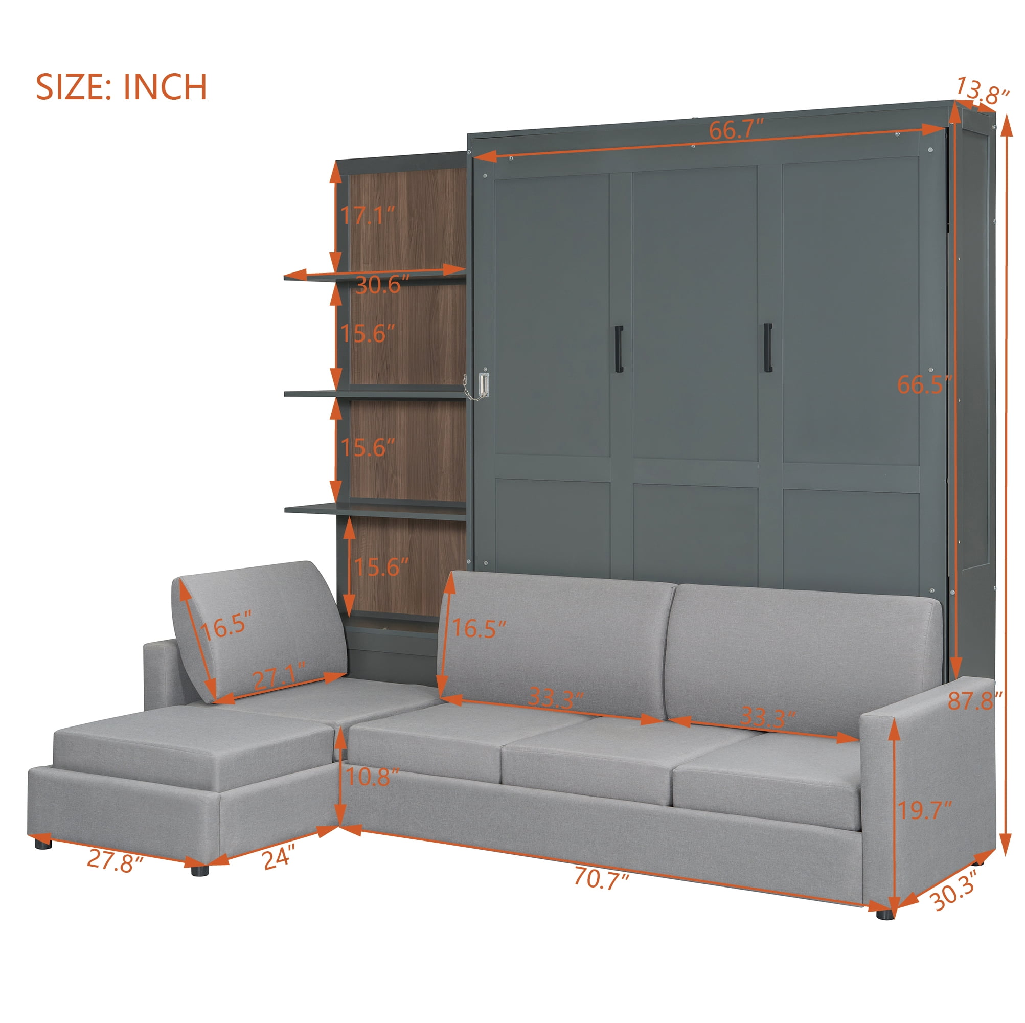 Queen Size Murphy Bed with L Shape Sofa and Open Shelves,Space-Saving for Small Space, Guest Room