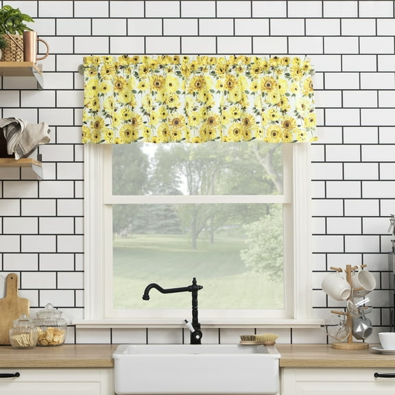 No. 918 Sunny Sunflower Print Semi-Sheer Rod Pocket Kitchen Curtains